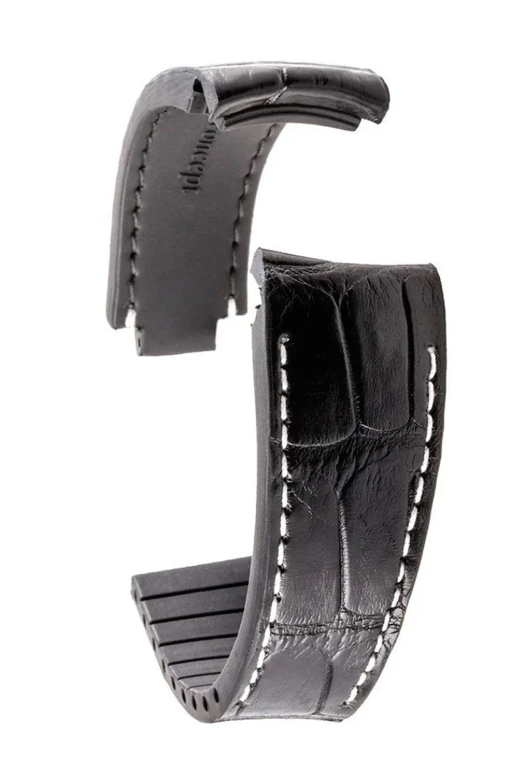 R-Strap - Alligator strap for Rolex - Black with white stitching - alligator leather watch strap
