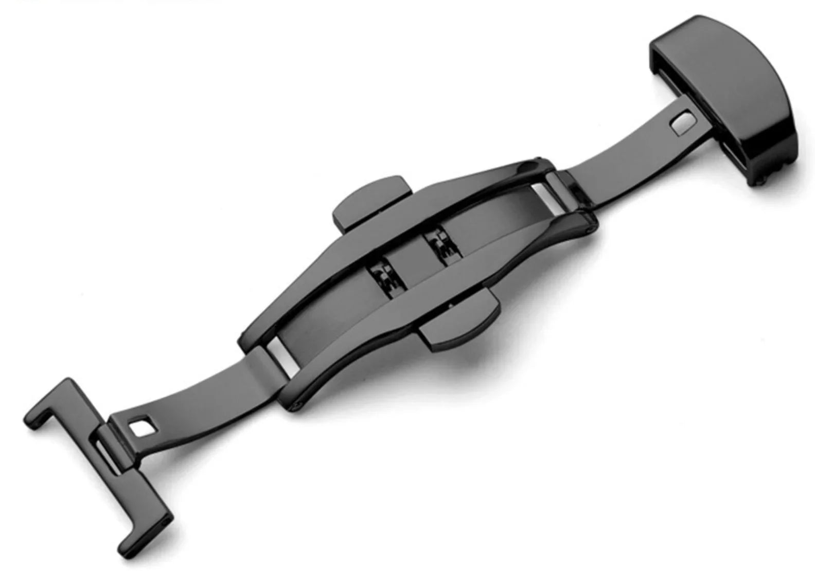 Double folding clasps for leather straps , shiny black PVD - detail