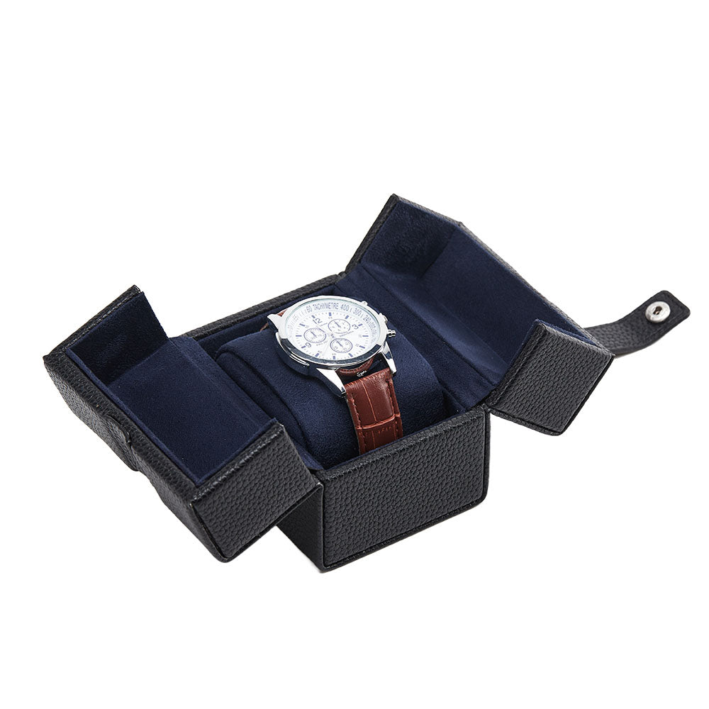 Oléron watch case opened into four panels, watch on cushion, navy microfibre lining