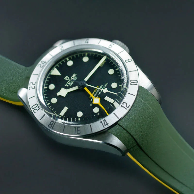 RubberB T807 for Tudor Black Bay Pro - Military Green/Miltary Yellow Strap - detail