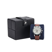 KronoKeeper Oléron 1-watch case in black genuine leather, closed, with watch on its removable cushion