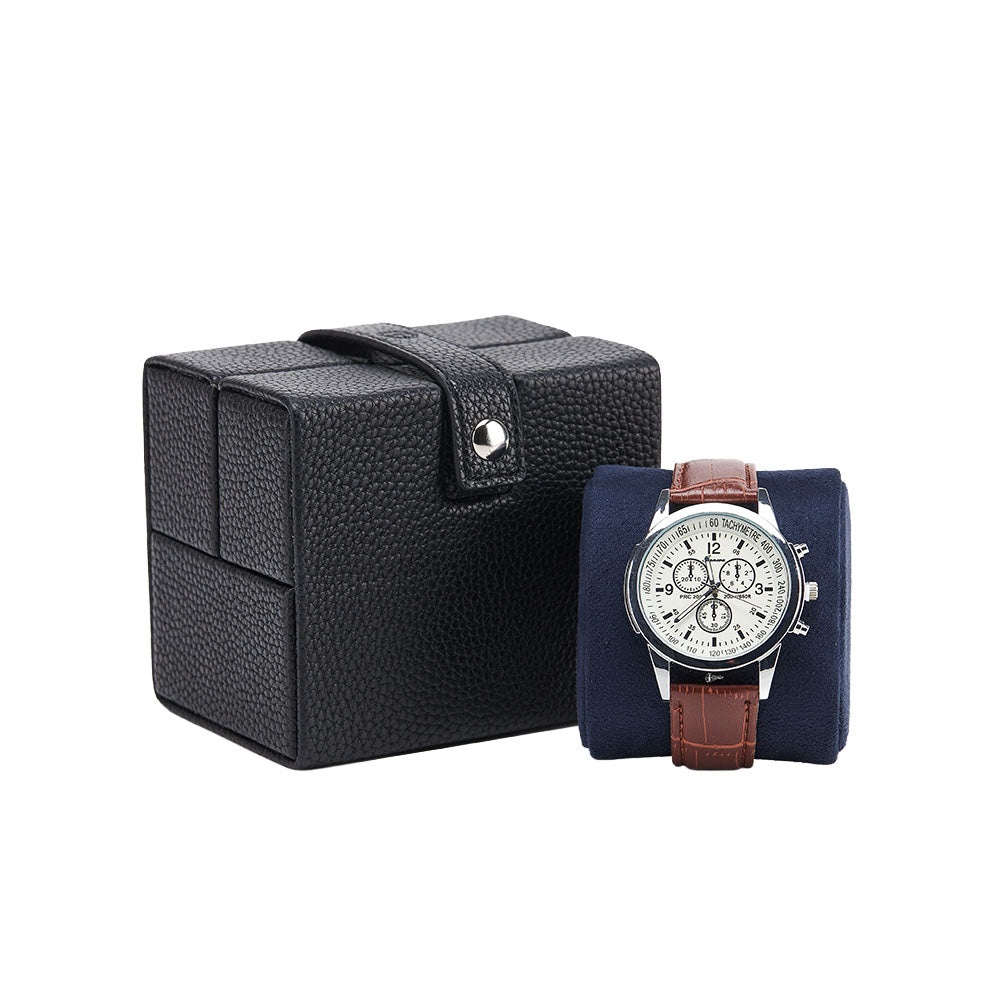 KronoKeeper Oléron 1-watch case in black genuine leather, closed, with watch on its removable cushion