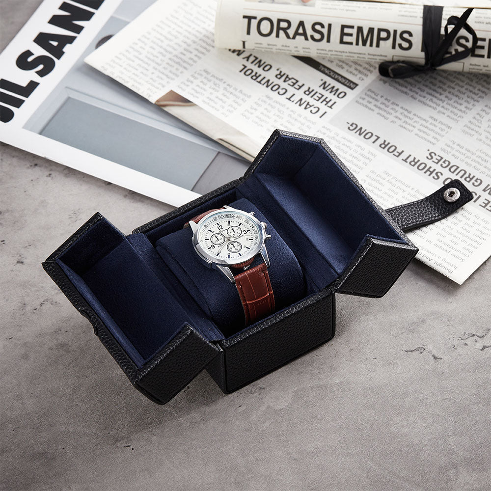 KronoKeeper Oléron travel case open with a chronograph watch