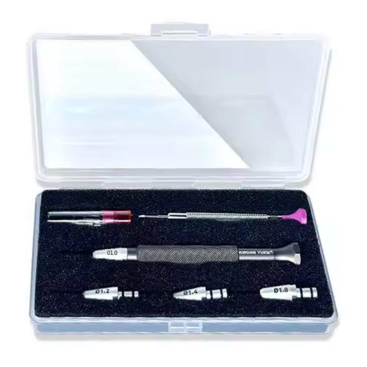 Quick-change watchmaker's screwdriver set in its open case: handle, 1.0 to 1.8 mm tips and 1.6 mm screwdriver