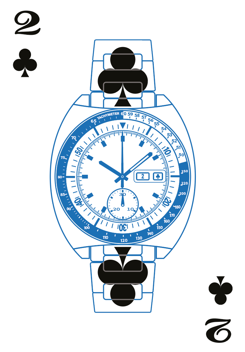 Vintage Watches – two of clubs with a vintage watch drawn as a technical blueprint
