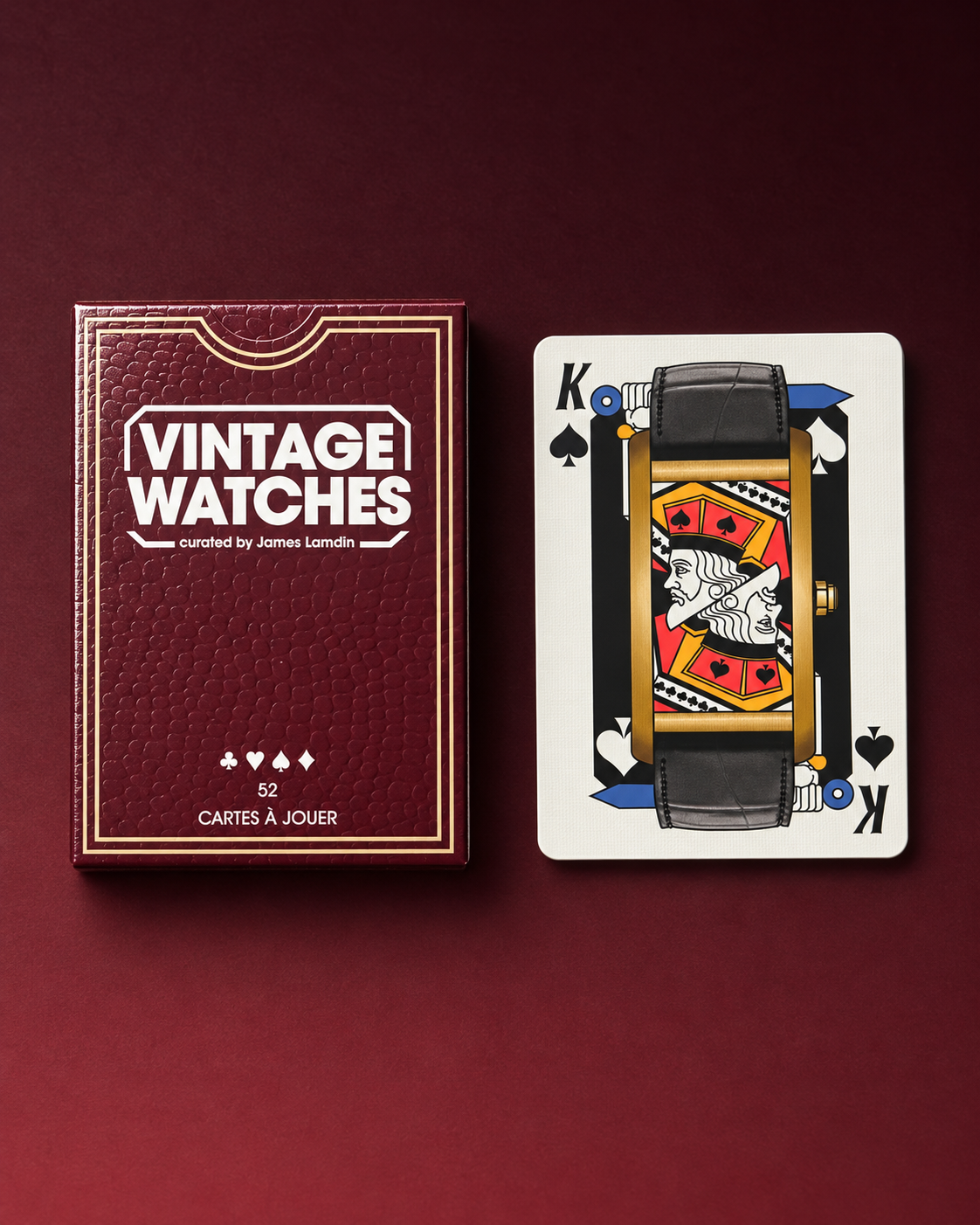 Vintage Watches – burgundy tuck box and king of spades featuring a vintage watch